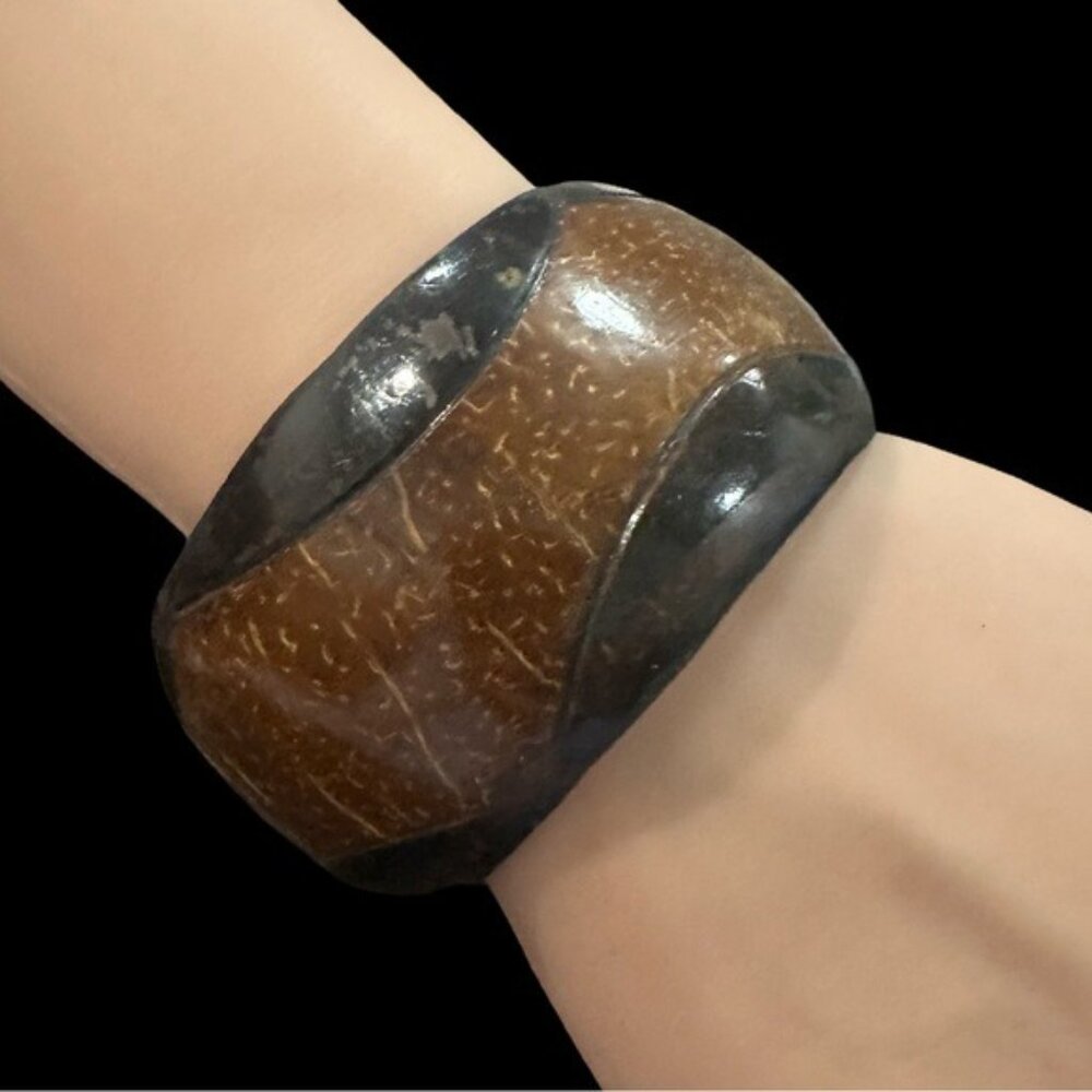 Handcrafted Brown & Black Coconut Shell Wide Bangle Bracelet